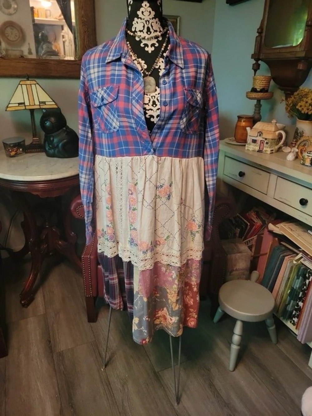 Plaid Patchwork Maxi Dress with Floral and Lace Tiers
